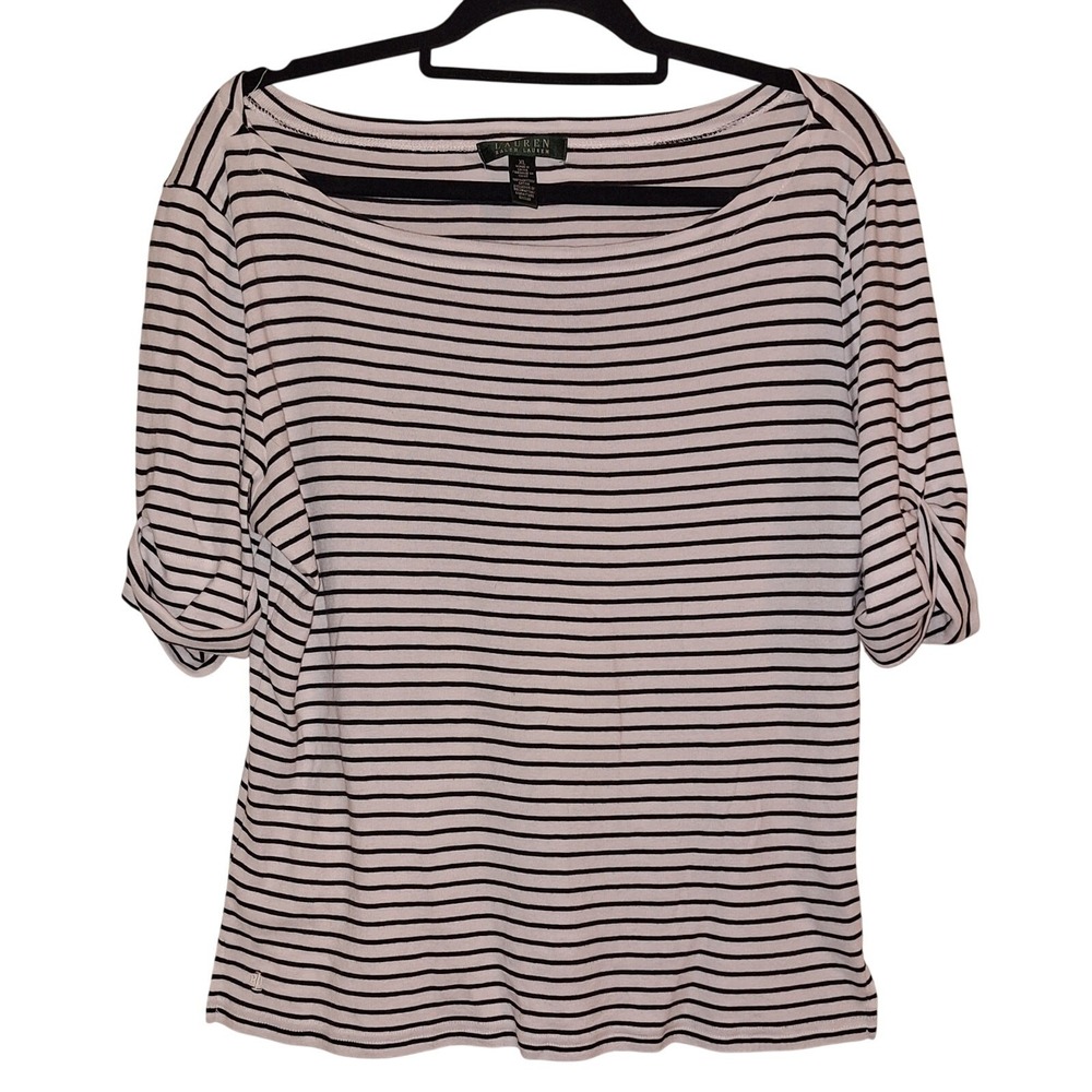 Lauren Ralph Lauren Striped Boat Neck Top Black‎ White Cotton XL Short Sleeve